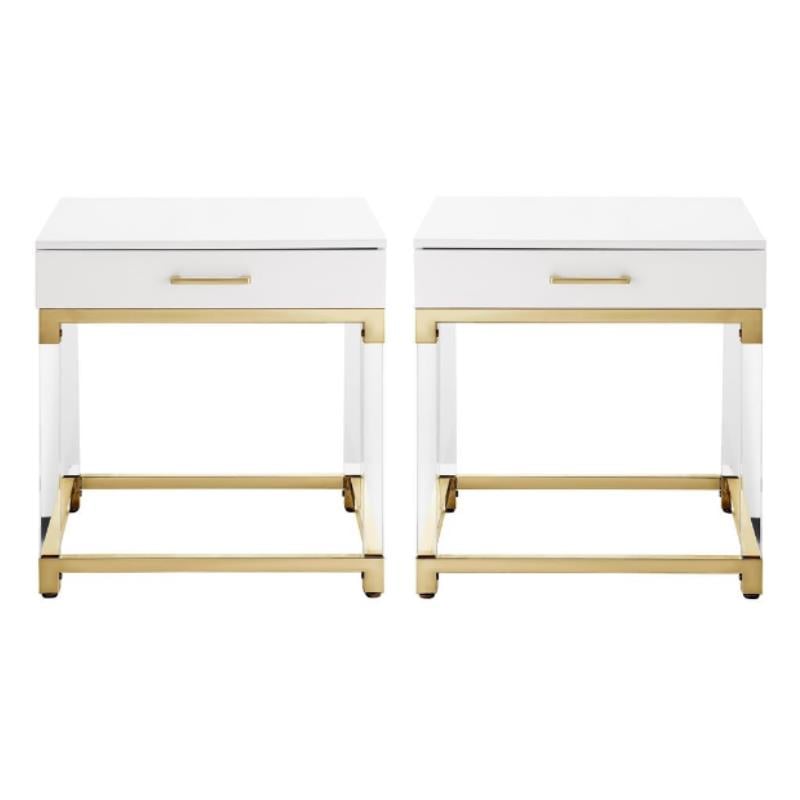 Home Square 1-Drawer Metal End Table in White & Gold - Set of 2