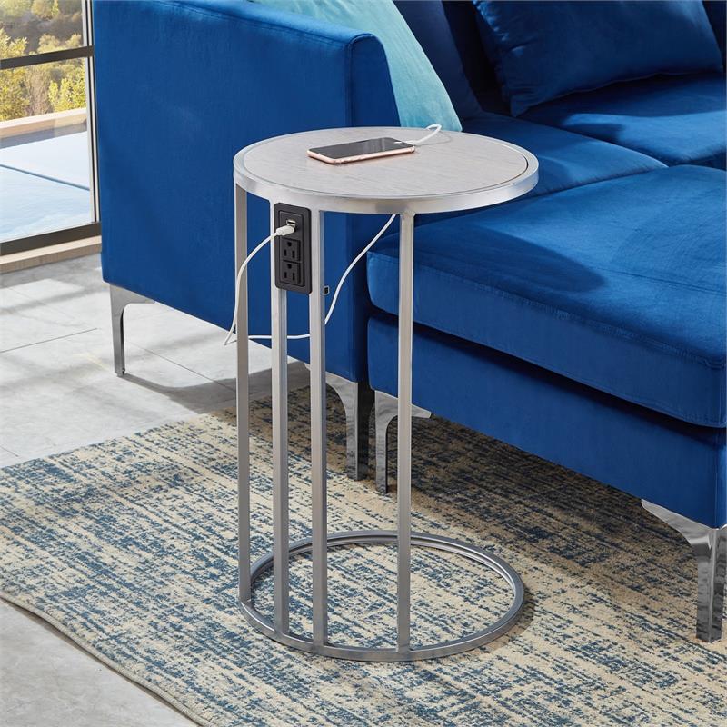 Home Square Veneer Top Metal Base End Table in Gray & Chrome - Set of 2