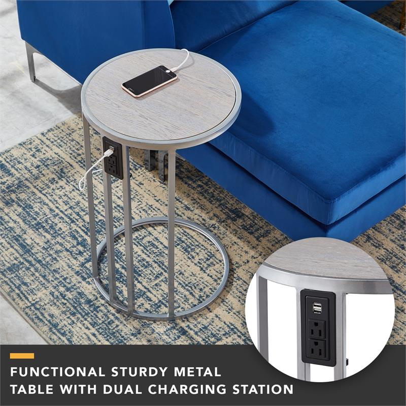 Home Square Veneer Top Metal Base End Table in Gray & Chrome - Set of 2