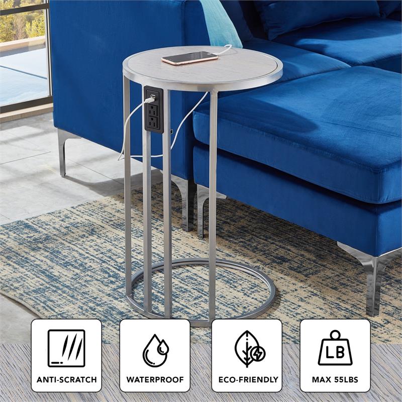 Home Square Veneer Top Metal Base End Table in Gray & Chrome - Set of 2