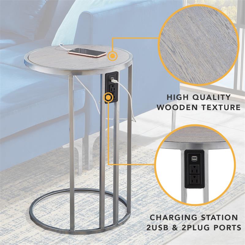 Home Square Veneer Top Metal Base End Table in Gray & Chrome - Set of 2