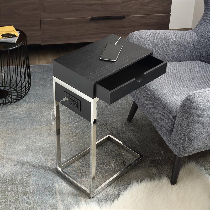 Home Square 2 USB Charging Ports End Tables in Black And Chrome - Set of 2