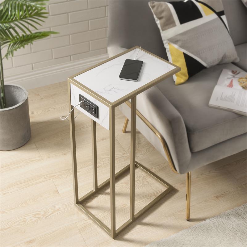 Home Square 2 Outlets Power Plug End Tables in White and Gold - Set of 2