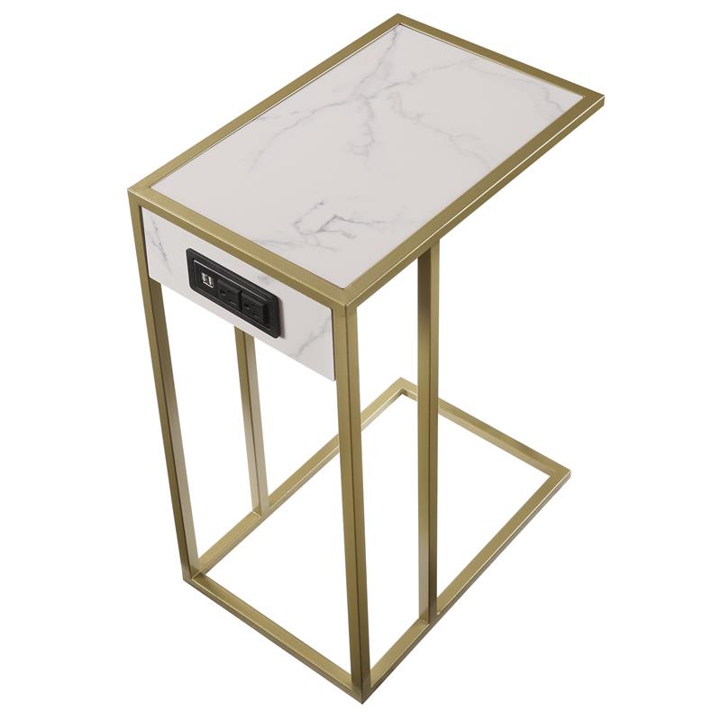 Home Square 2 Outlets Power Plug End Tables in White and Gold - Set of 2