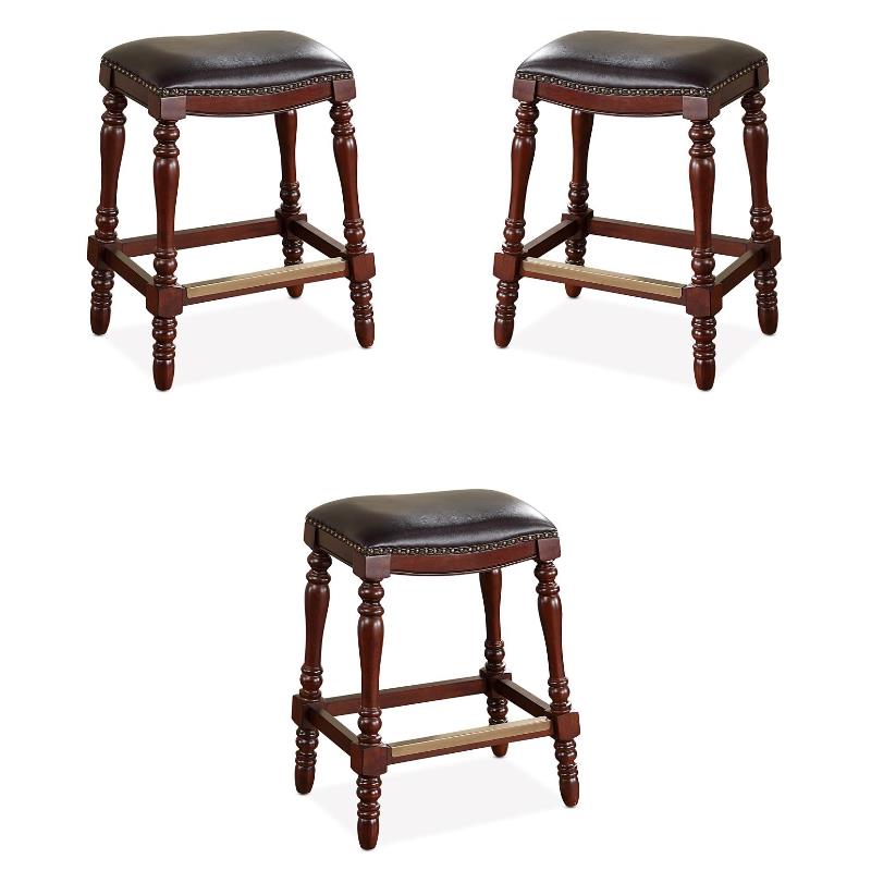 Home Square Faux Leather Saddle Seat Counter Stool in Brown Set of 3