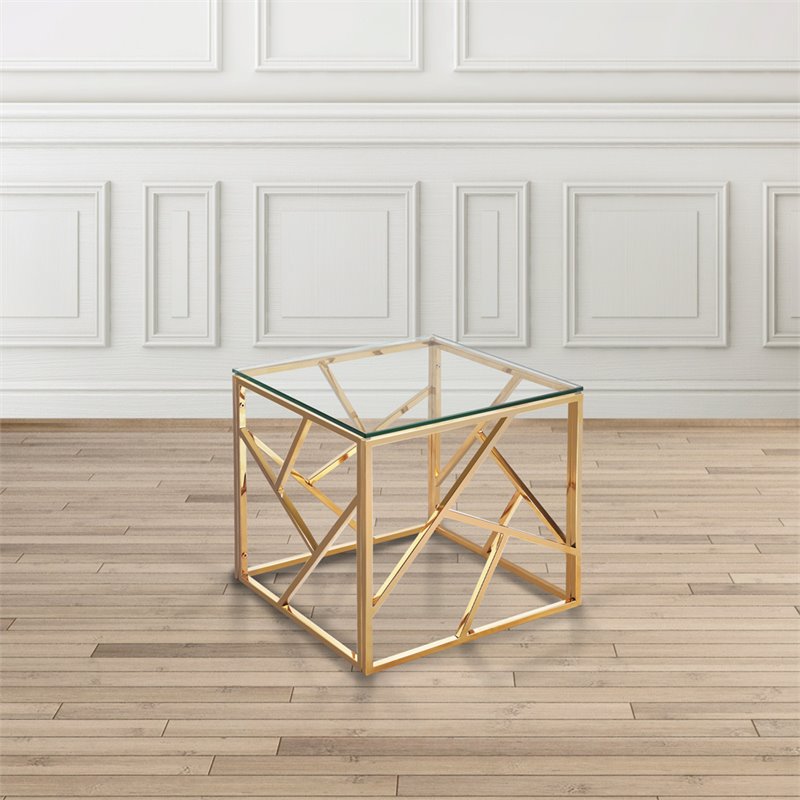 Home Square Transitional Glass Top End Table in Gold - Set of 2