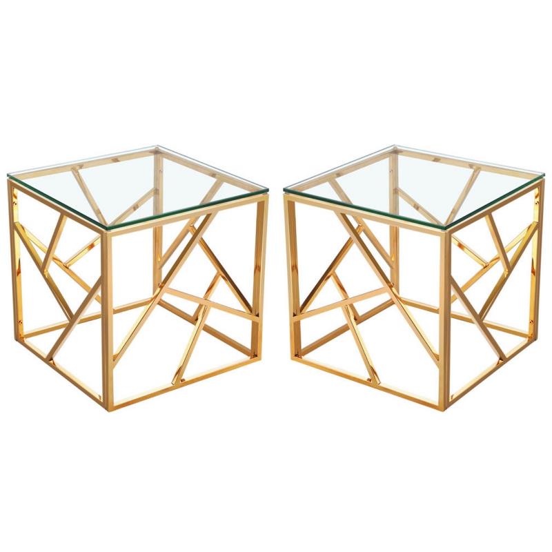 Home Square Transitional Glass Top End Table in Gold - Set of 2