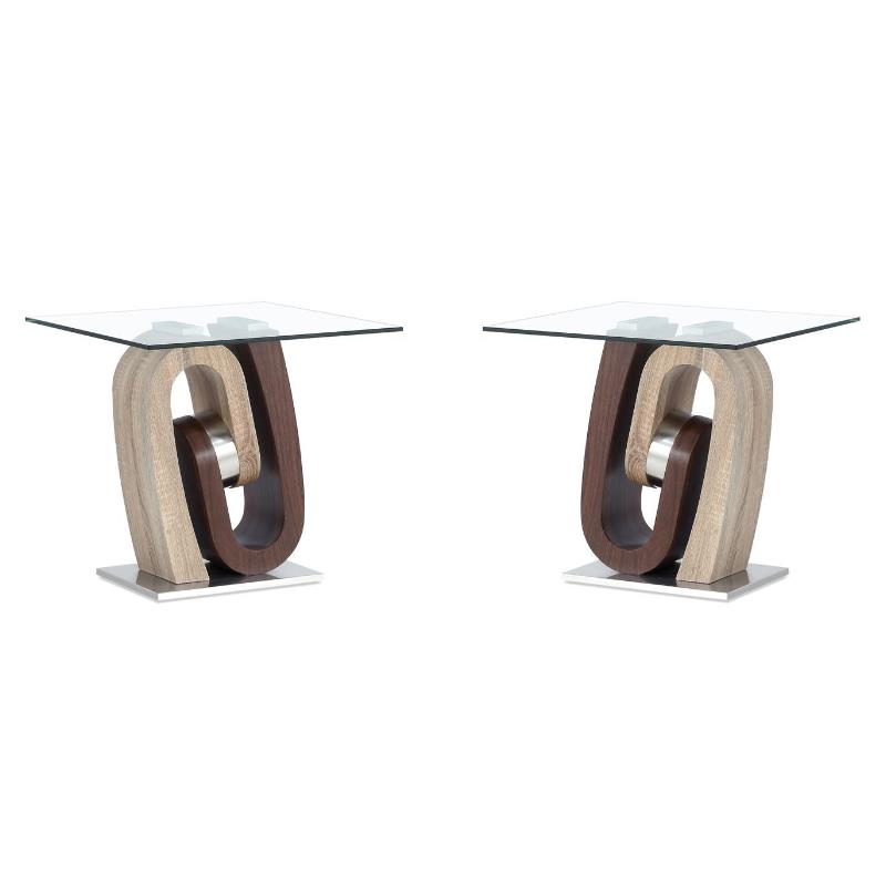 Home Square Stainless Steel and Glass End Table in Walnut & Oak - Set of 2