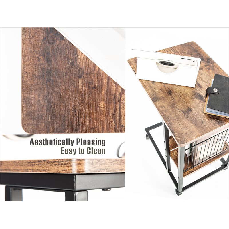 Home Square Wood End C Table with Magazine Holder in Rustic Brown - Set of 2