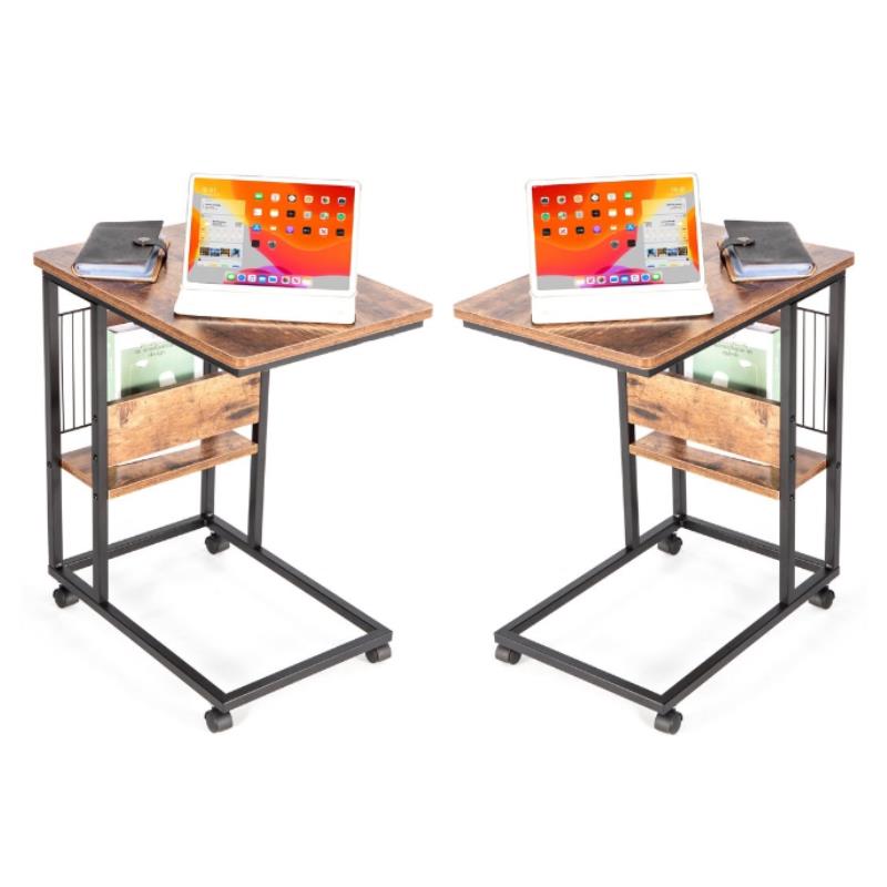 Home Square Wood End C Table with Magazine Holder in Rustic Brown - Set of 2