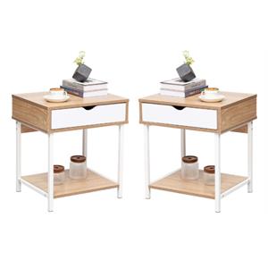Home Square Modern Wood End Table with Drawer in Oak & White - Set of 2