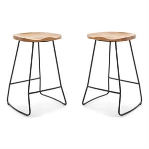 Home Square Metal and Wood Counter Stool in Light Beige - Set of 2