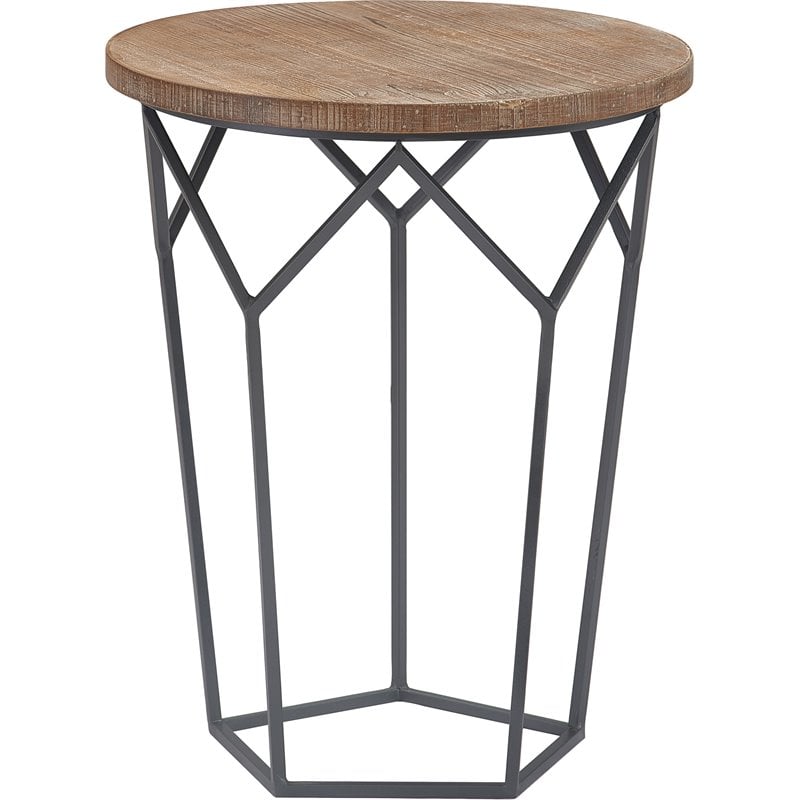 Home Square Round Solid Wood and Metal Side Table in Black - Set of 2