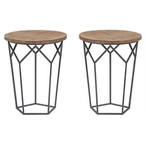 Home Square Round Solid Wood and Metal Side Table in Black - Set of 2