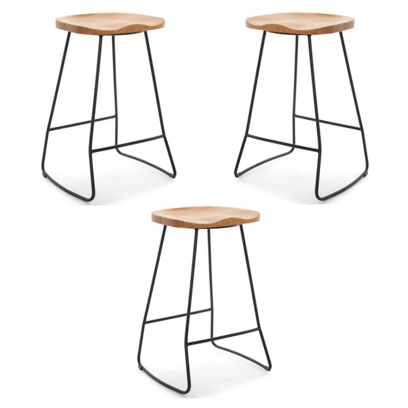 Home Square Metal and Wood Counter Stool in Light Beige - Set of 3