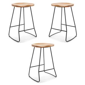 Home Square Metal and Wood Counter Stool in Light Beige - Set of 3