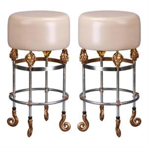 Home Square 31&quot Tall Leather and Steel Bar Stool in Gold & Putty - Set of 2