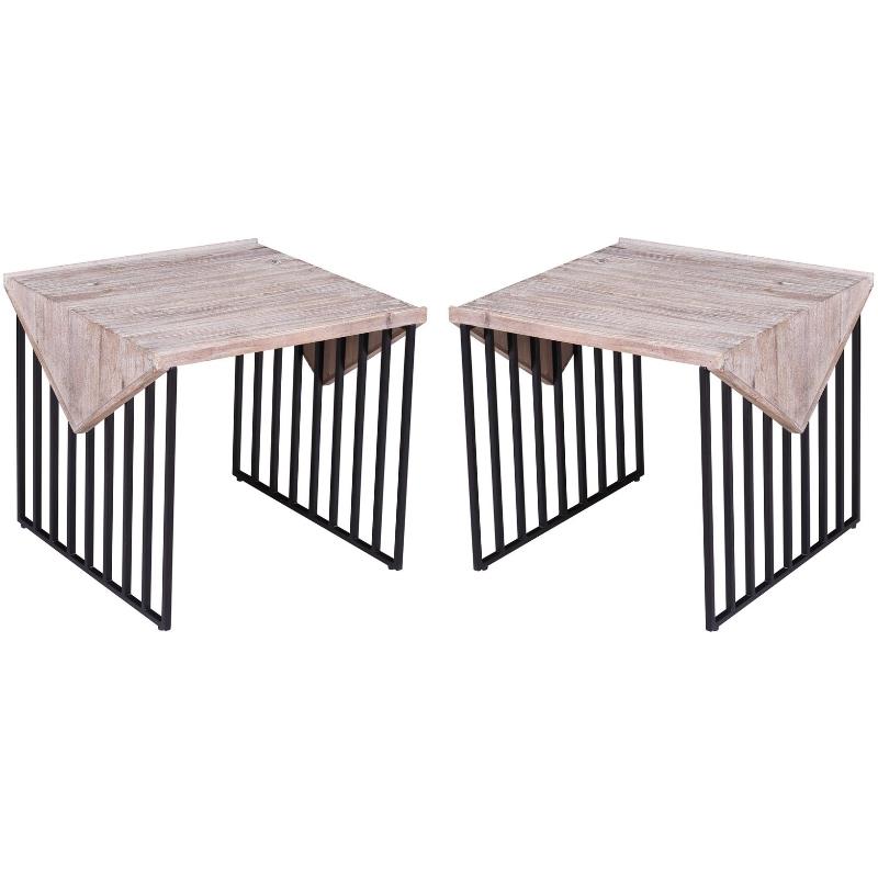 Home Square Small Wood Top & Metal Base End Table in Natural Gray - Set of 2