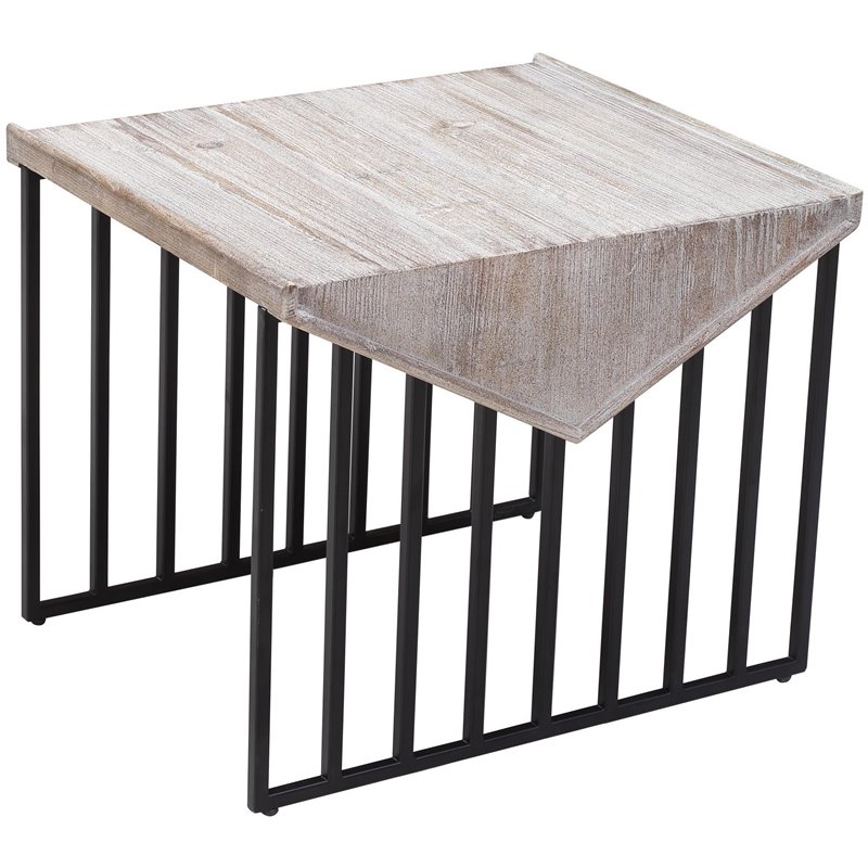 Home Square Large Wood Top & Metal Base End Table in Natural Gray - Set of 2