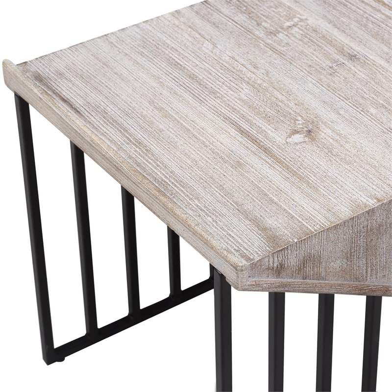 Home Square Large Wood Top & Metal Base End Table in Natural Gray - Set of 2