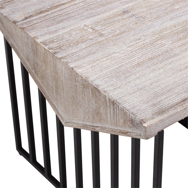 Home Square Large Wood Top & Metal Base End Table in Natural Gray - Set of 2