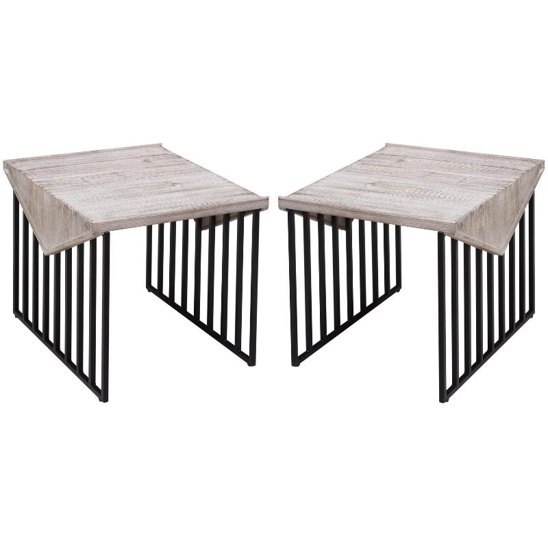 Home Square Large Wood Top & Metal Base End Table in Natural Gray - Set of 2