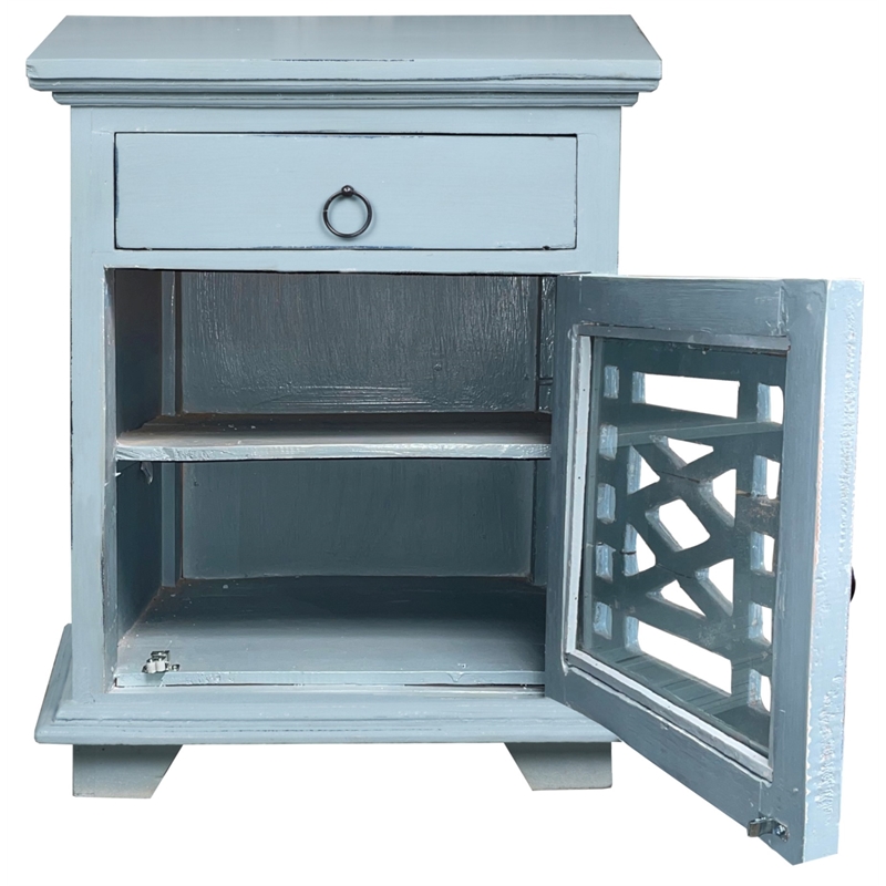 Home Square Solid Wood Side or Night Table in Distressed Beach Blue - Set of 2