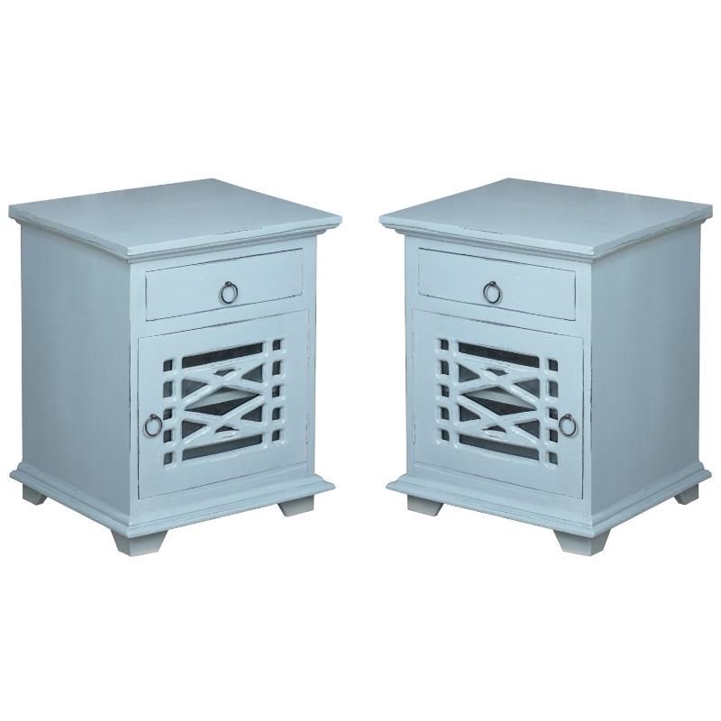 Home Square Solid Wood Side or Night Table in Distressed Beach Blue - Set of 2