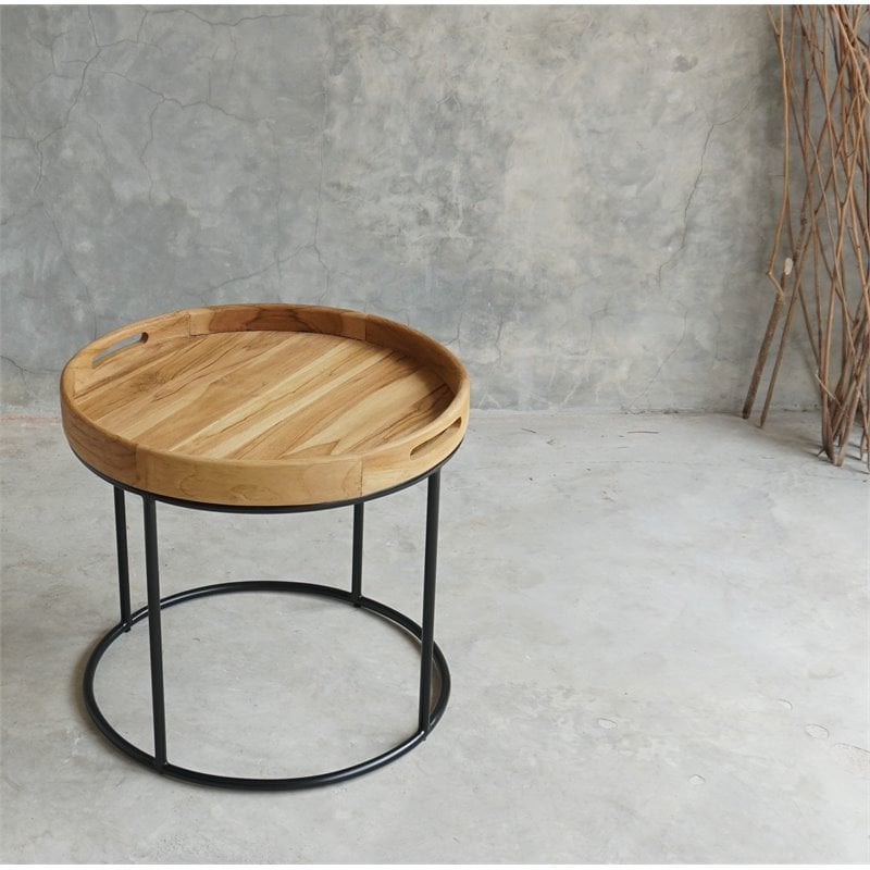 Home Square Metal End Table in Natural & Iron Finish - Set of 2
