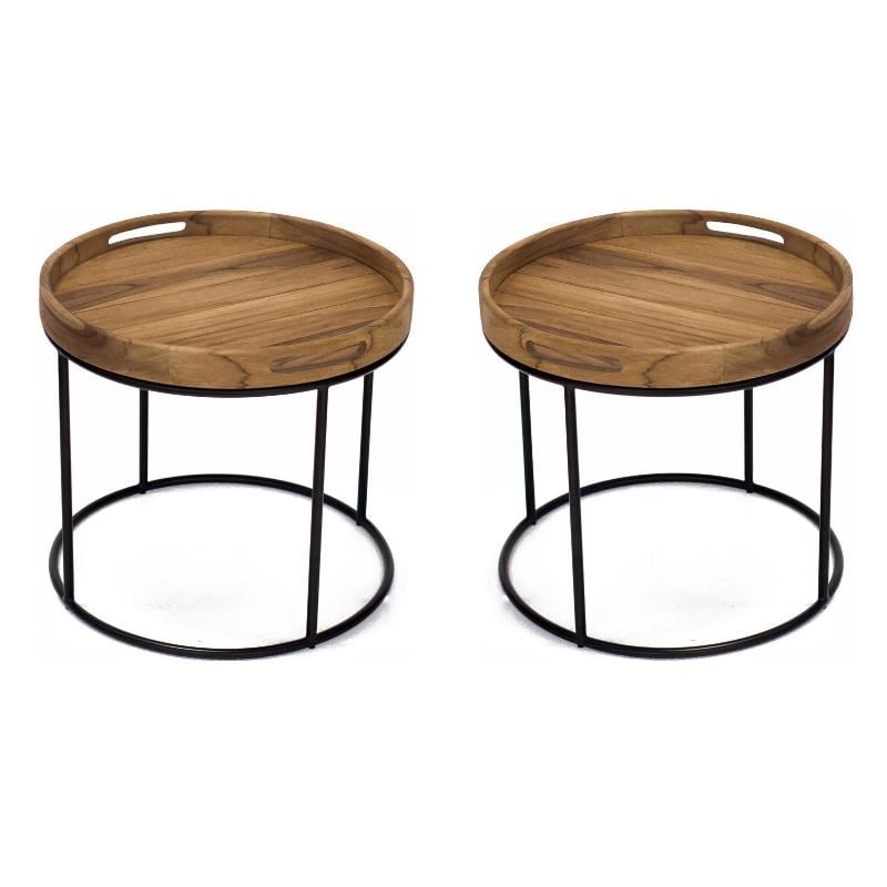 Home Square Metal End Table in Natural & Iron Finish - Set of 2
