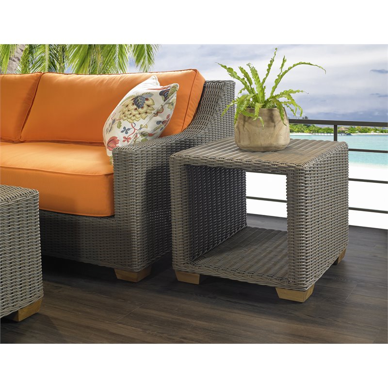 Home Square Wicker Patio Side Table in Kubu Gray Finish - Set of 2