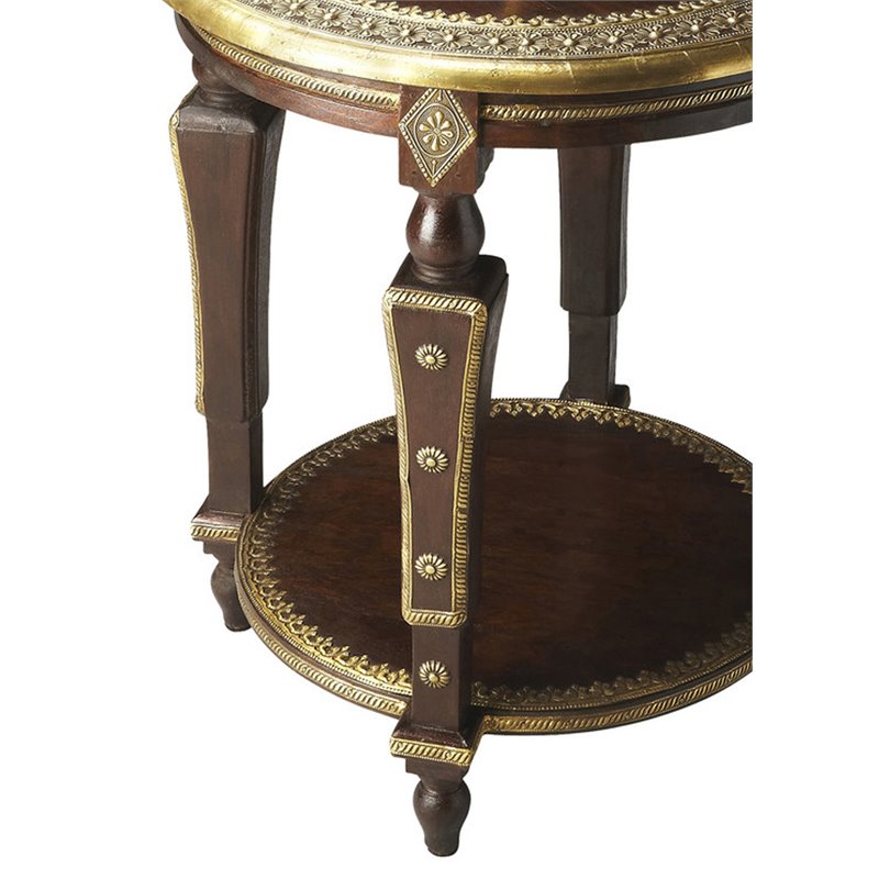 Home Square Traditional Round Accent Table in Brass - Set of 2