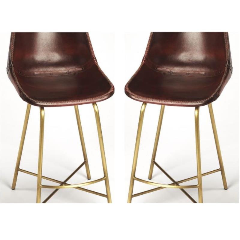 Home Square Modern Iron and Leather Bar Stool in Brown - Set of 2