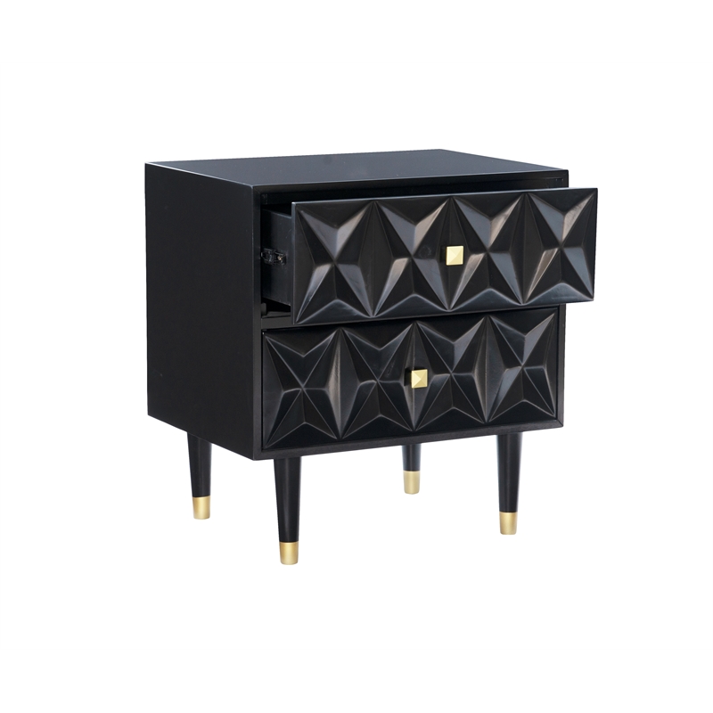 Home Square 2 Drawer Wood Geo Texture Nightstand in Black - Set of 2