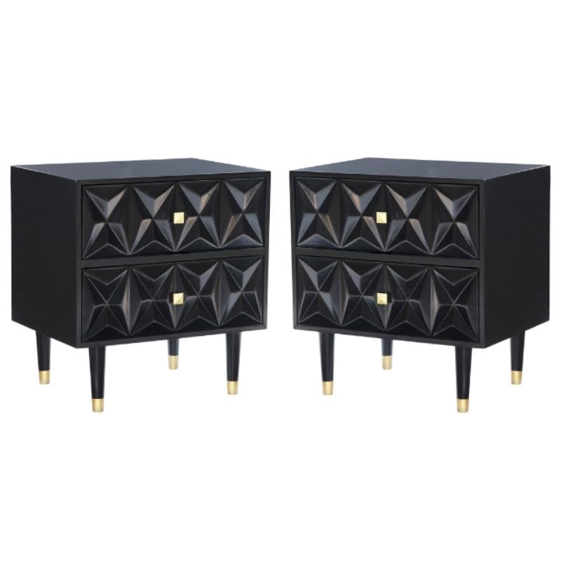 Home Square 2 Drawer Wood Geo Texture Nightstand in Black - Set of 2