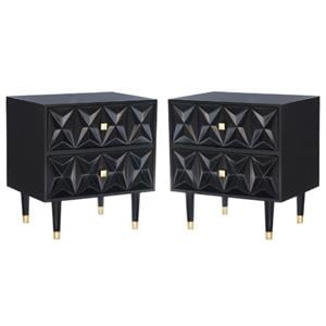 Home Square 2 Drawer Wood Geo Texture Nightstand in Black - Set of 2