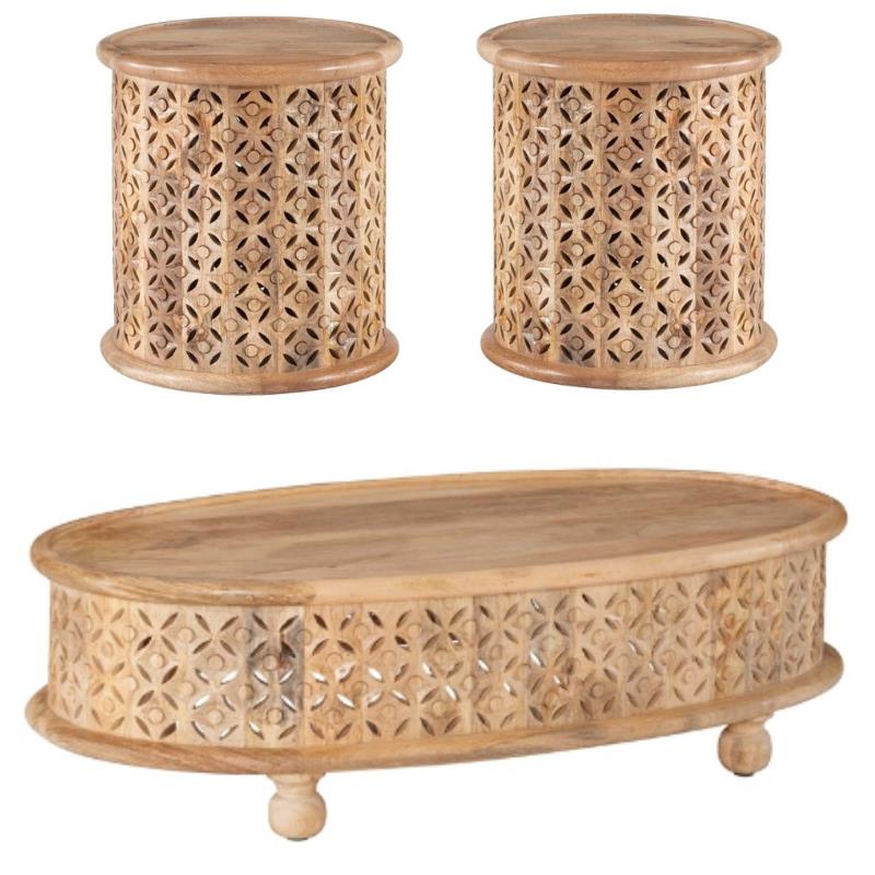 Home Square 3-Piece Set with Coffee Table and 2 Side Tables in Natural
