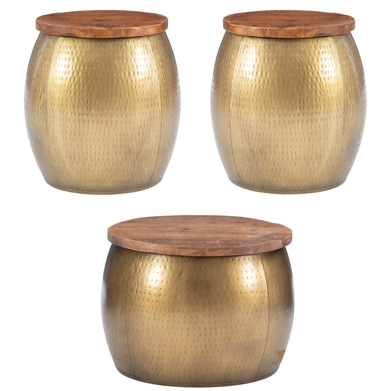 Home Square 3-Piece Set with Drum Table and 2 Drum Side Tables in Gold