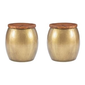 Home Square Metal and Wood Drum Side Table with Storage in Gold - Set of 2
