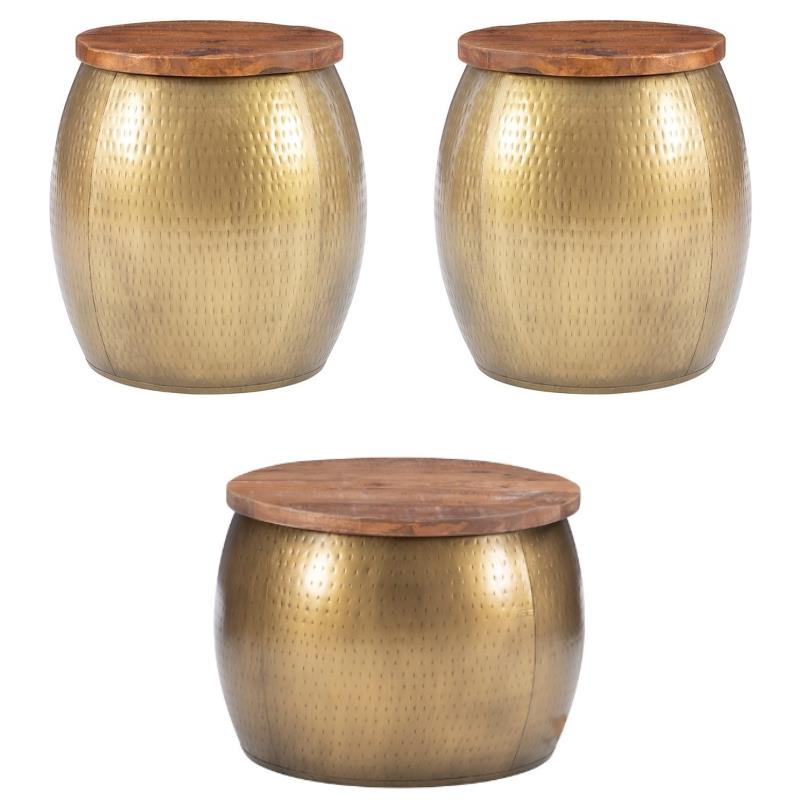 Home Square 3-Piece Set with Metal Drum Table and 2 Drum Side Tables