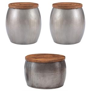 Home Square 3-Piece Set with Metal Drum Table and 2 Drum Side Tables in Silver