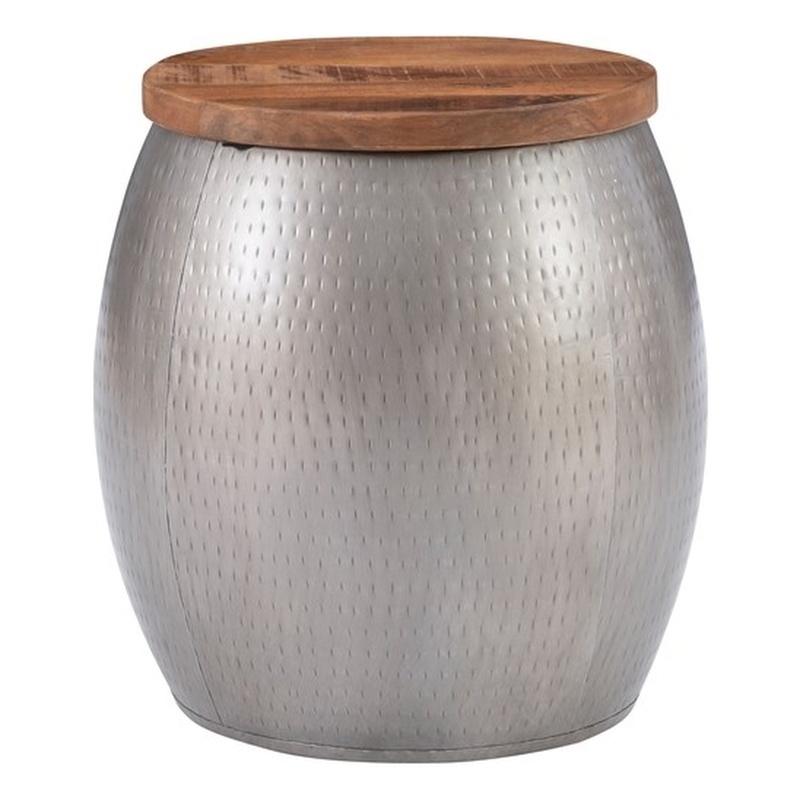 Home Square Metal and Wood Drum Side Table with Storage in Silver - Set of 2