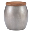 Home Square Metal and Wood Drum Side Table with Storage in Silver - Set of 2