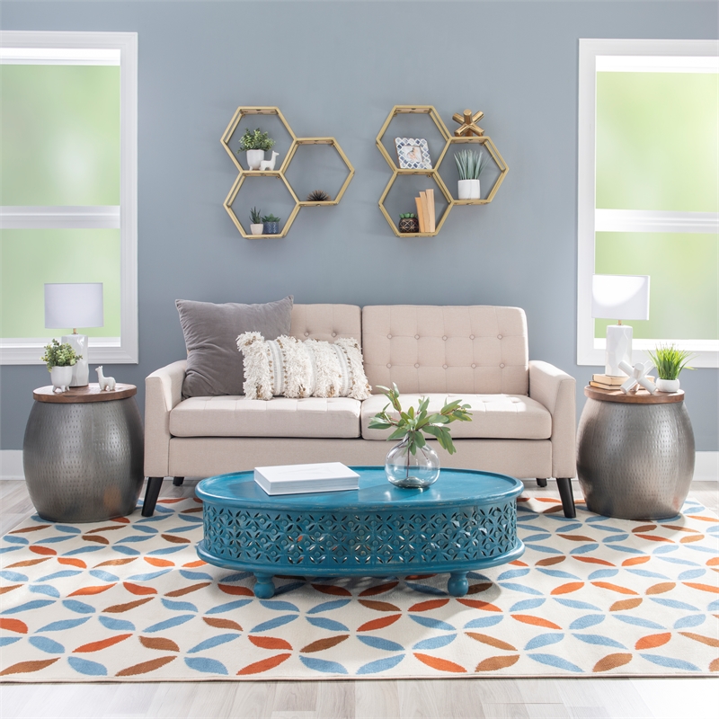 Home Square Metal and Wood Drum Side Table with Storage in Silver - Set of 2