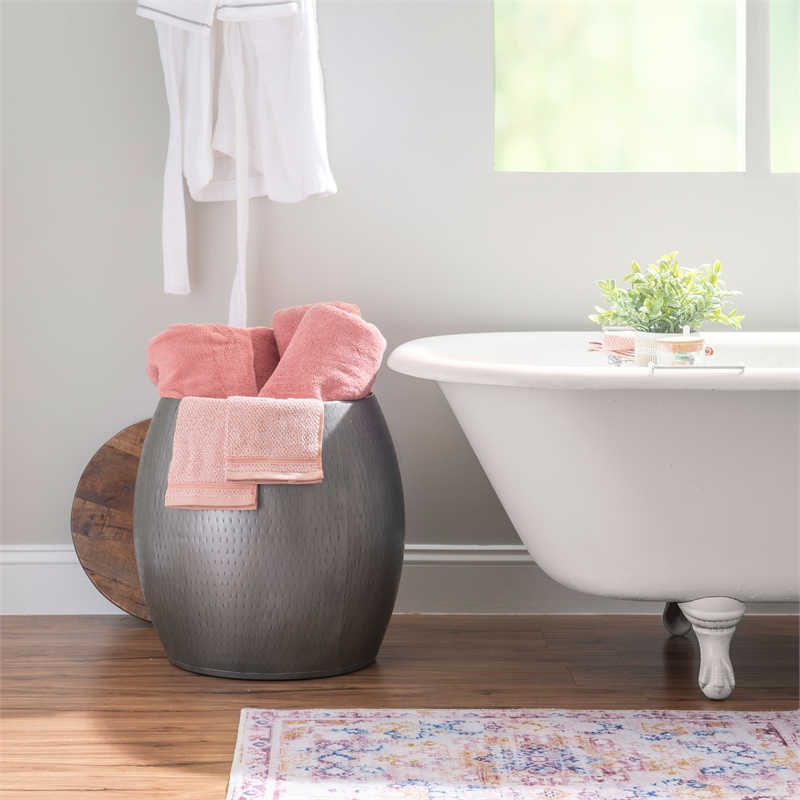 Home Square Metal and Wood Drum Side Table with Storage in Silver - Set of 2