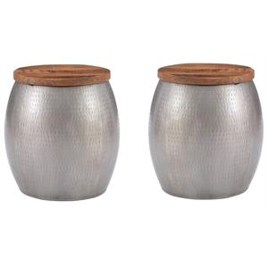 Home Square Metal and Wood Drum Side Table with Storage in Silver - Set of 2