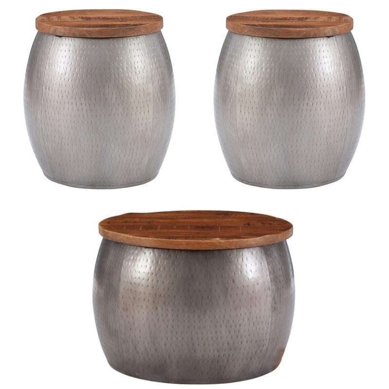 Home Square 3-Piece Set with Drum Table and 2 Drum Side Tables in in Silver