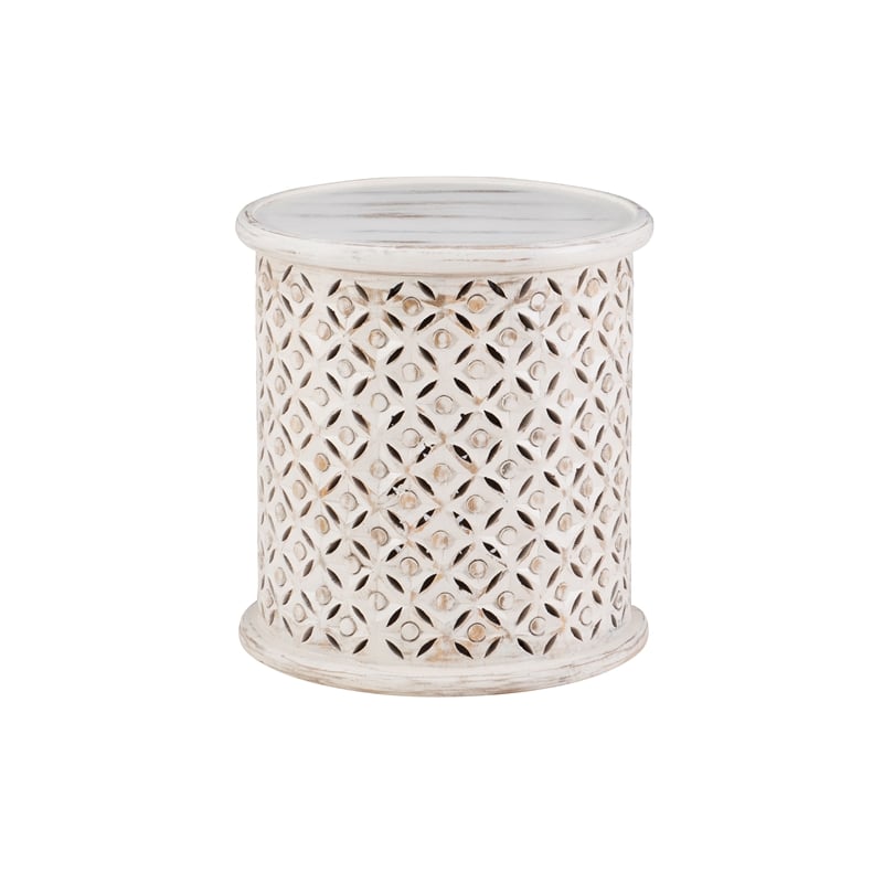 Home Square Wood Hand Carved Accent Table in White - Set of 2