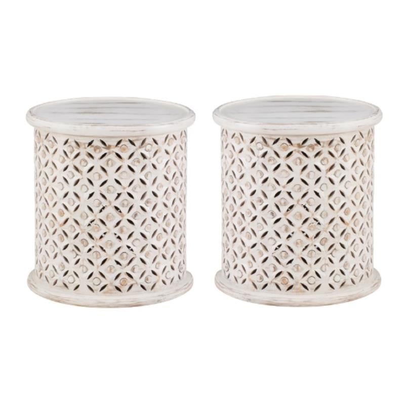 Home Square Wood Hand Carved Accent Table in White - Set of 2