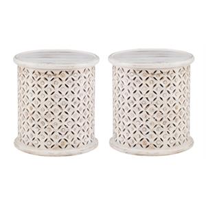 Home Square Wood Hand Carved Accent Table in White - Set of 2